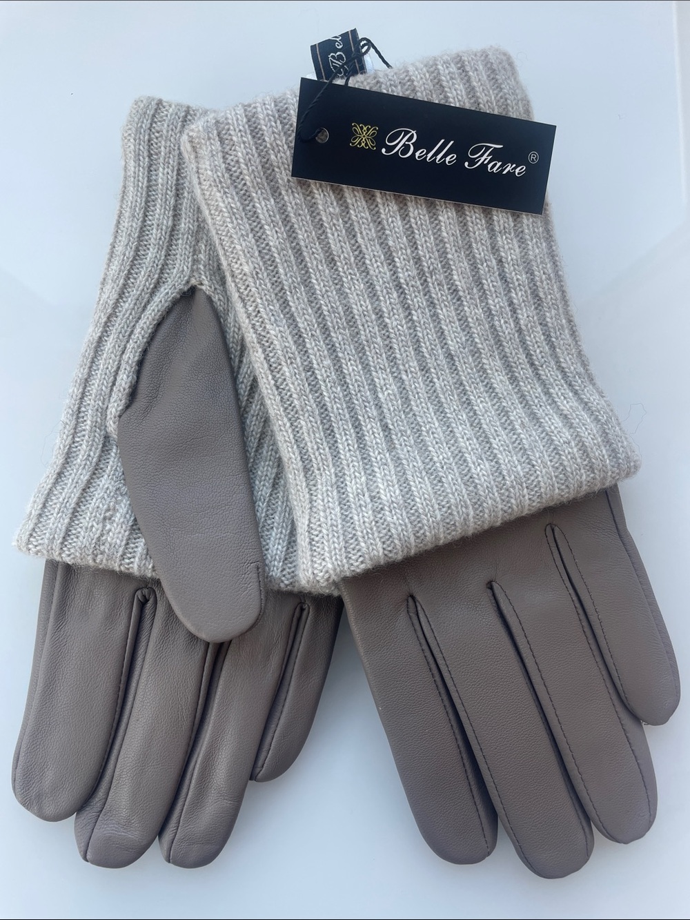 Belle Fare Lamb Skin Leather & Cashmere & Wool Gloves ~ Taupe ~ Large ~ NWT